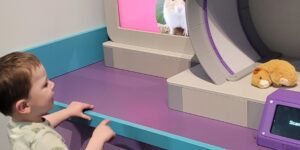 A young child cares for a stuffed hamster at a pretend veterinary clinic.