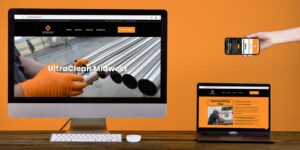 A desktop monitor, tablet and smartphone are all shown with optimized website design against an orange background.