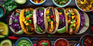 A row of tacos with colorful veggie fillings lines a tabletop with salsas and toppings.