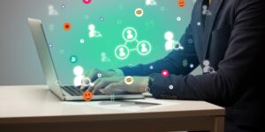 A man sits at a desk with a laptop. Social media icons float above the surface of the keyboard.