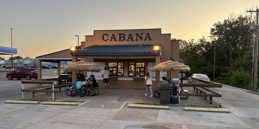 View of Cabana, an ice cream shop in St. Joseph, from the parking lot at sunset.