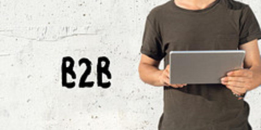 A man in a gray t-shirt holding a laptop stands against a wall with "B2B" stamped on it in black.