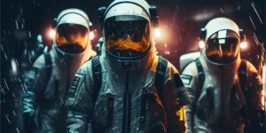 Three astronauts are suited up, walking towards their rocket with lights behind them.