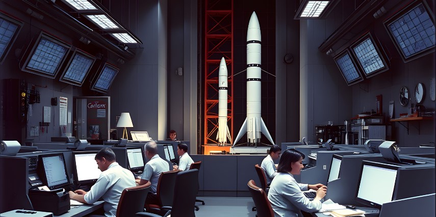 A room full of analysts and advisors sits at desks with rockets looming over their workspace. 