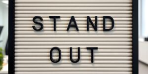 A framed letter board features the words "Stand out" in black letters.