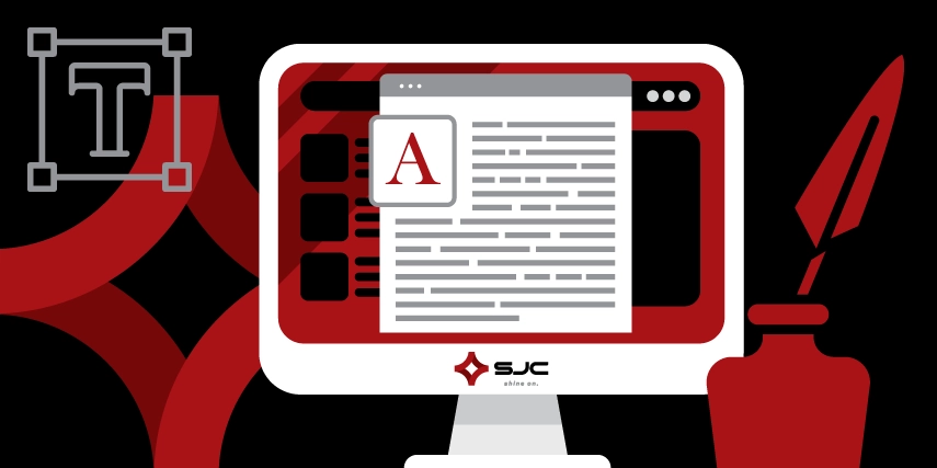 Red and black graphic displaying a computer screen and document representing a business blog