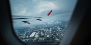 View of an urban area from the window of a plane.