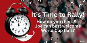 Image of a clock with the words "It's Time to Rally!" against a backdrop of fans cheering.