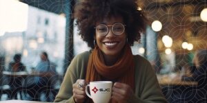 A woman in a rusty orange scarf and green sweater sits in a coffee shop holding a white mug that says "SJC" with the SJC logo.