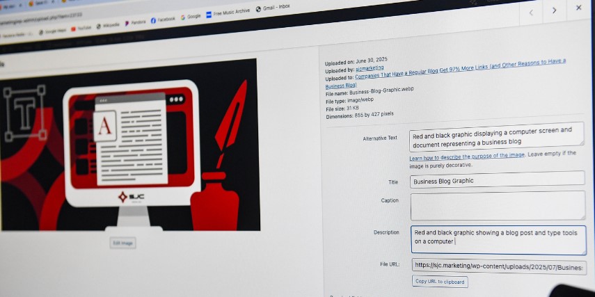 An image in WordPress is being optimized for SEO and accessibility.