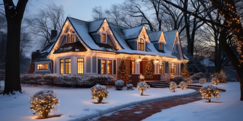 A beautiful home is decorated for Christmas and blanketed with fresh snow.