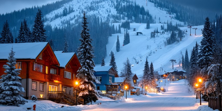 A row of chalets at a mountain ski lodge is surrounded by soft lights and evergreen trees.