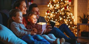 Family cuddled up with popcorn by the Christmas tree.
