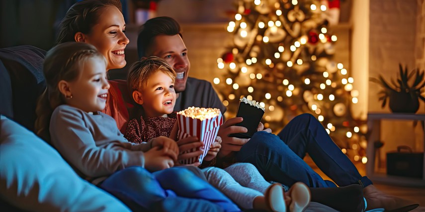 Family cuddled up with popcorn by the Christmas tree.