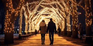 A couple walks on a sidewalk at night through a lighted canopy of trees.