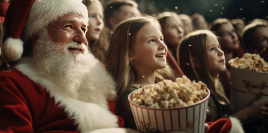 Santa sits with some smiling kids in a theater enjoying a movie and popcorn.