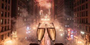 Two champagne glasses meet in a "cheers" in front of fireworks in a big city.