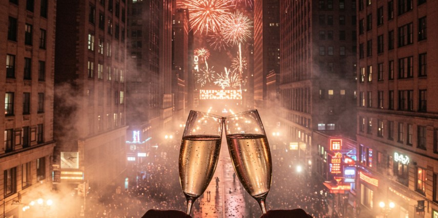 Two champagne glasses meet in a "cheers" in front of fireworks in a big city.