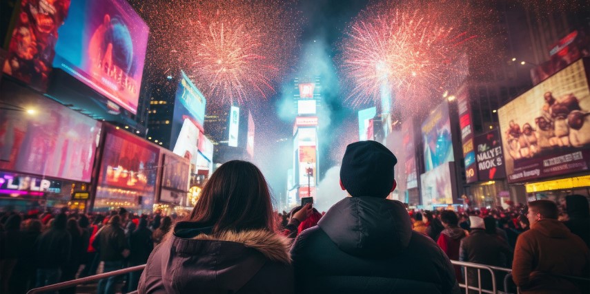 Two people stand behind a barricade, watching fireworks in Times Square.