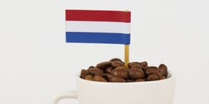 Top of a white ceramic coffee cup, filled with coffee beans and a Dutch flag.