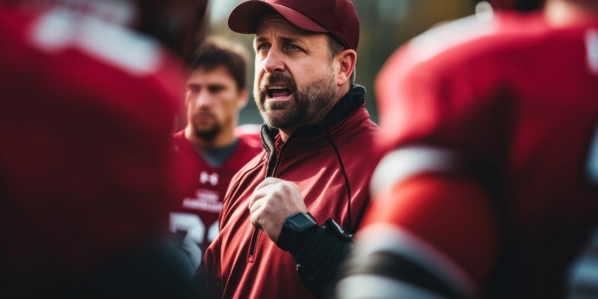 A football coach dressed in red stands in the middle of players explaining a play.
