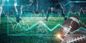 Graphs and statistics are overlaid on a football field with players engaged in a game.