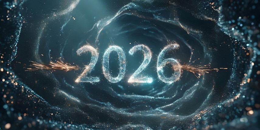 A futuristic 2026 hovers in the hair, surrounded by clouds of light.
