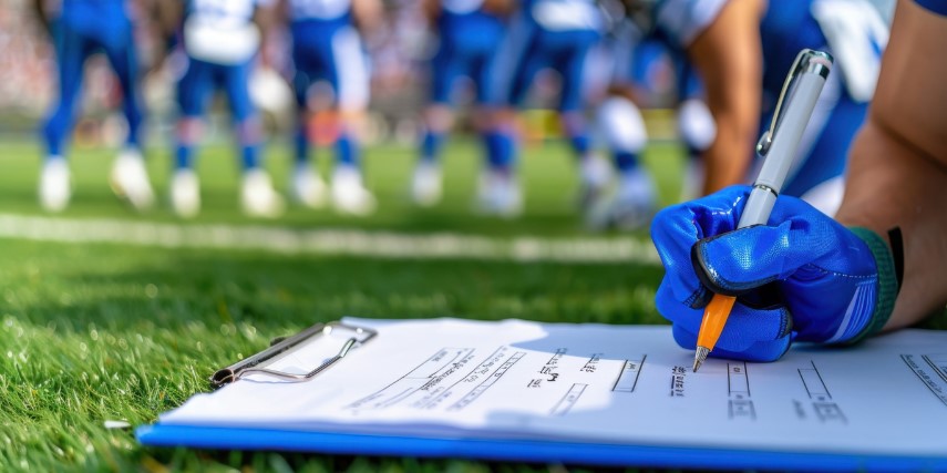 A football player makes notes on a clipboard with the team in the background.