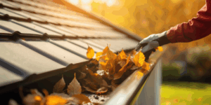 Close-up of a gloved hand cleaning leaves out of a gutter on a house.