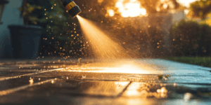 A pressure washing sprayer cleans a driveway with sunshine filtering through the water.