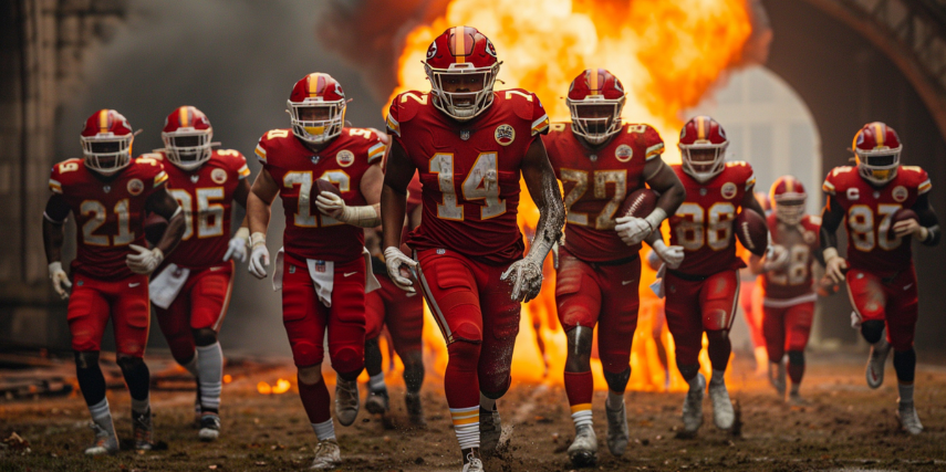 A team of football players runs toward the camera with fire behind them.
