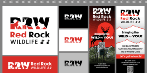 Logos and marketing materials for Red Rock Wildlife with consistent messaging and branding in red, black and white.