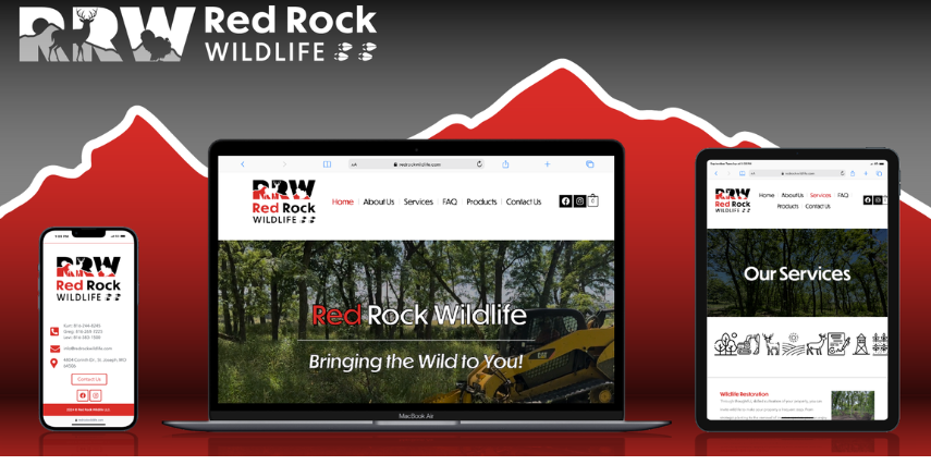 Multiple formats showcasing the website for Red Rock Wildlife on separate devices.
