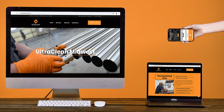 Image shows new, responsive website design for UltraClean Midwest, with smartphone, laptop and tablet formats.