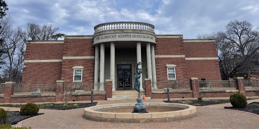 The circle driveway, sculpture and entrance at the Albrecht-Kemper Museum.