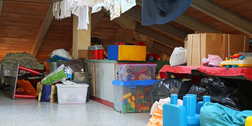 An attic where boxes and bins of toys and other child-related items are stored.