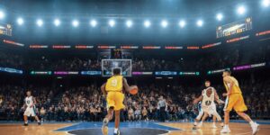 A basketball player in a gold uniform drives the ball down the court to the basket.