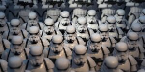 A mass assembly of Star Wars storm troopers.