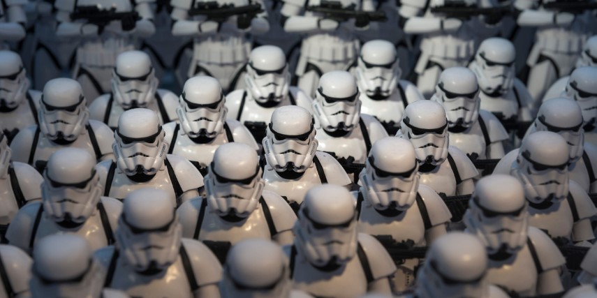 A mass assembly of Star Wars storm troopers.