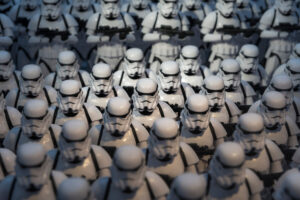 A mass assembly of Star Wars storm troopers, one indistinguishable from the next.