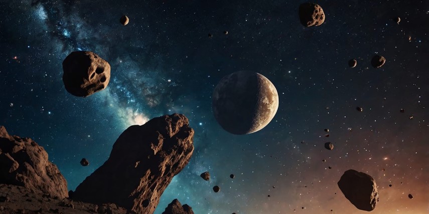 A view of planets and asteroids across a backdrop of dark space.