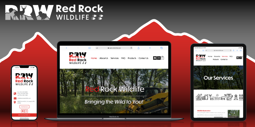 Image of the website design for Red Rock Wildlife, shown in smartphone, laptop and tablet formats.