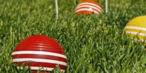Red and yellow croquet balls in thick green grass.