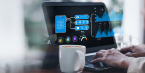 Computer, analyst works using Business Analytics and Data Management System to create report contain KPIs, metric linked to database. Finance, operation, sale, marketing all part of corporate strategy
