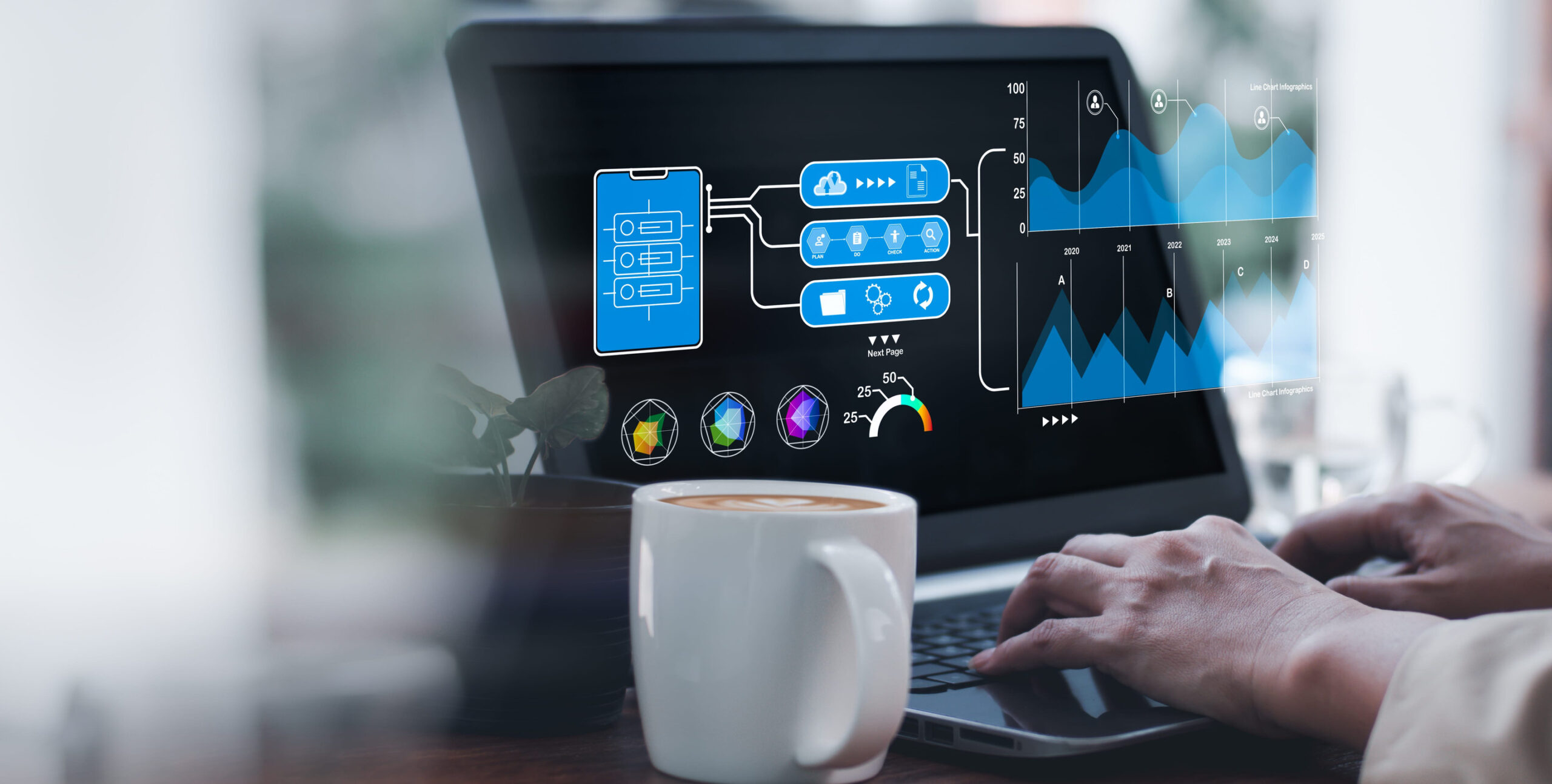 Computer, analyst works using Business Analytics and Data Management System to create report contain KPIs, metric linked to database. Finance, operation, sale, marketing all part of corporate strategy
