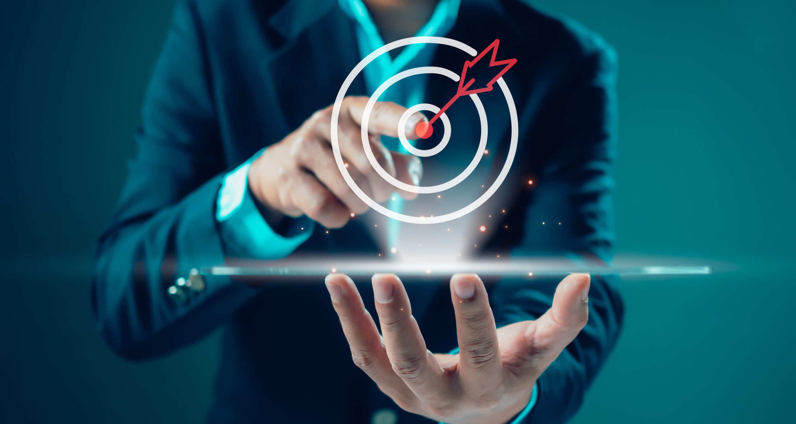 Retargeting Businessman pointing finger to virtual target dart board, implicating the SJC solution called Retargeting.