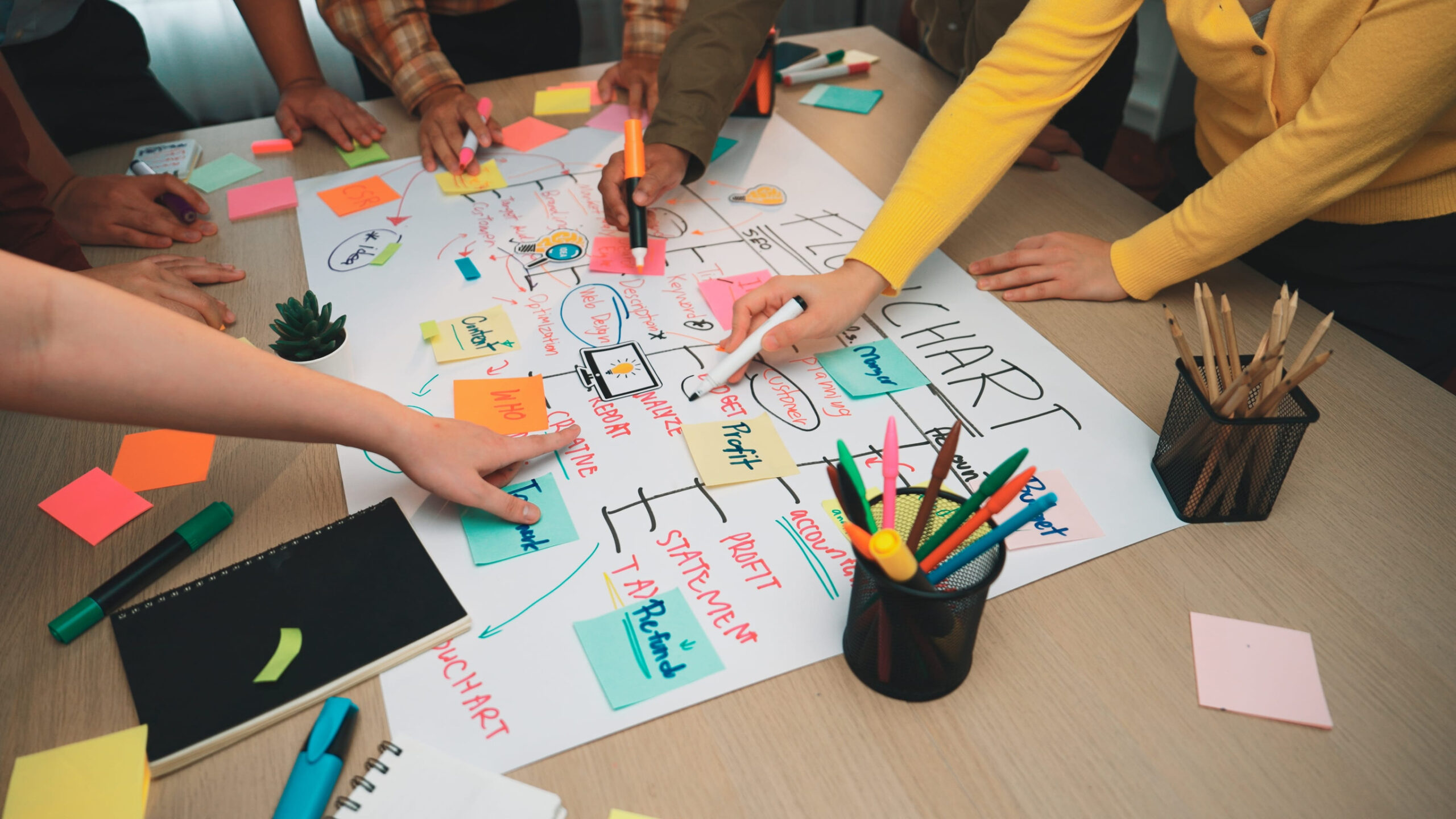 A dynamic teamwork scene depicting hands engaged in brainstorming and planning on a chart filled with colorful sticky notes and markers in a modern office setting.