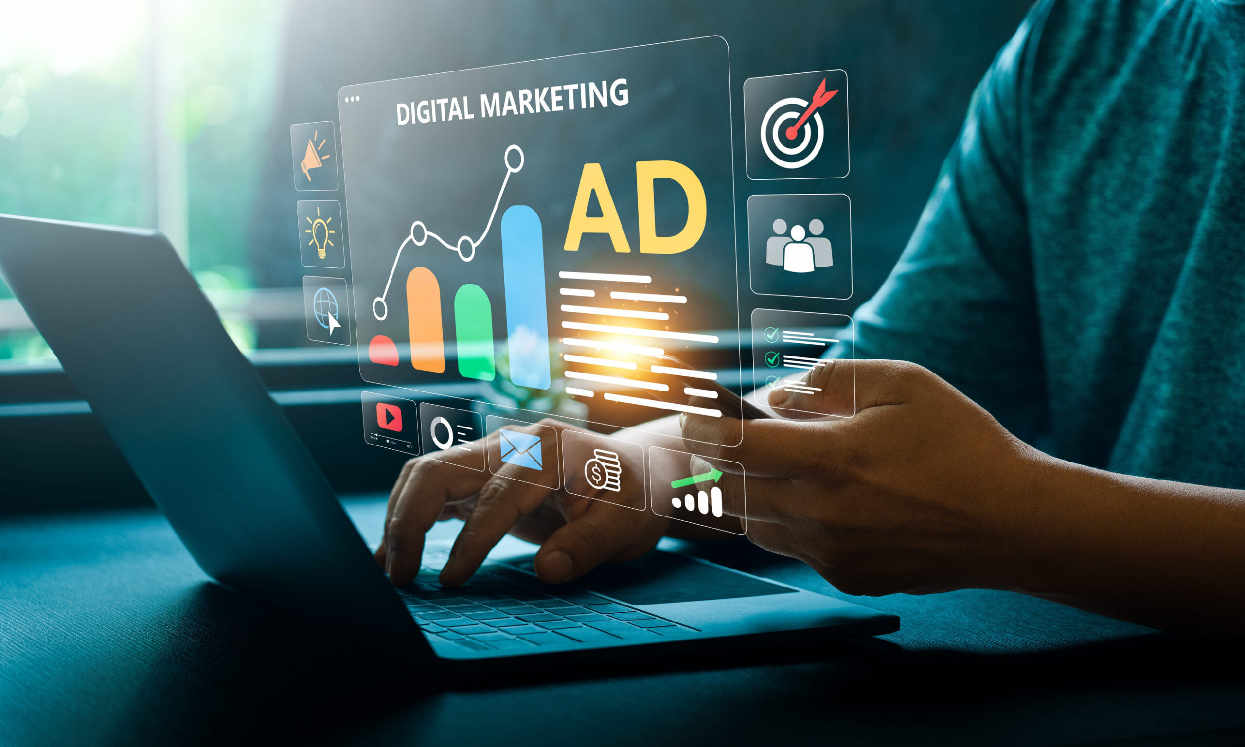 Display Advertising Digital marketing strategy with online advertising, social media promotion, data analytics, content marketing, targeted ad campaign management, SEO optimization, brand engagement, business growth