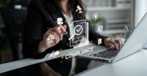 Concept of corporate compliance and risk management. Adhering to legal regulations and internal policies through systematic audits and process verification for business integrity.