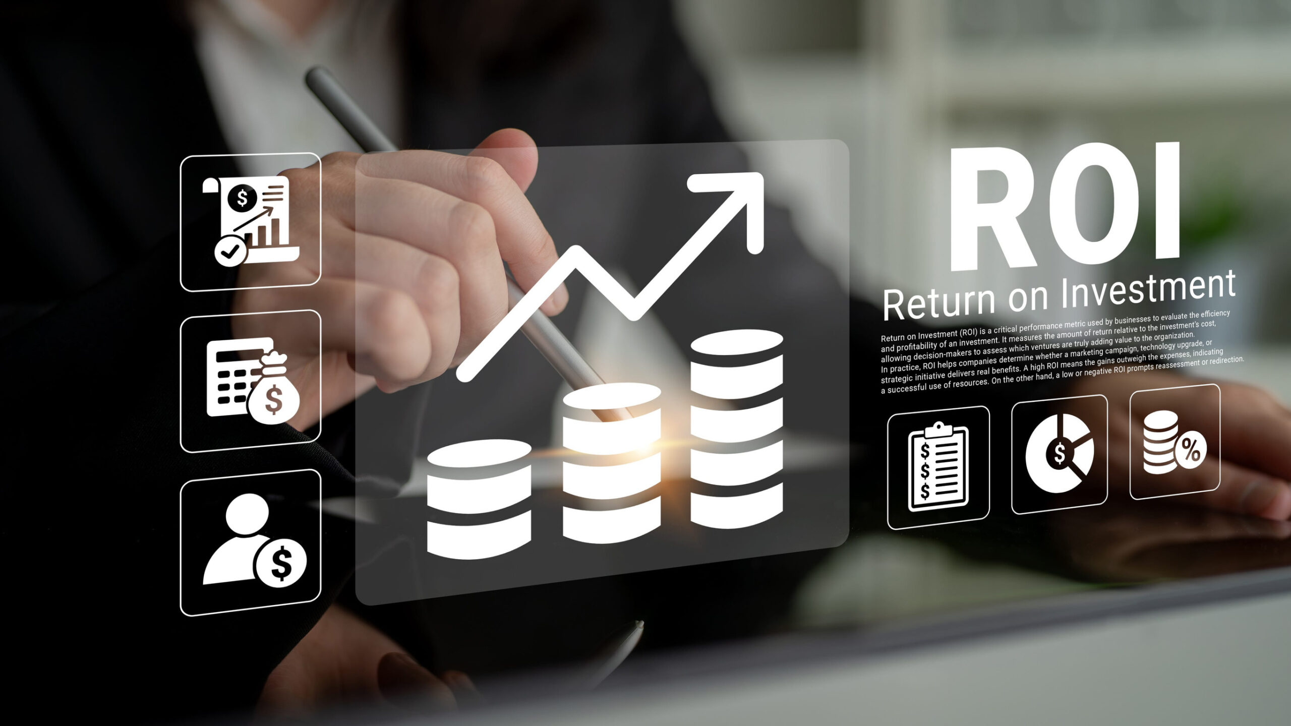 Businessperson focuses on financial growth with symbols representing return on investment in a modern office, showcasing analysis and strategic planning tools for success. Ledger